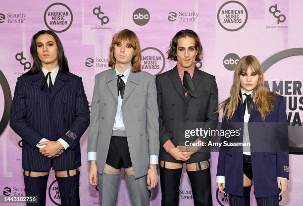 Ethan Torchio, Thomas Raggi, Damiano David, and Victoria De Angelis of Måneskin attendsthe 2022 American Music Awards at Microsoft Theater on...