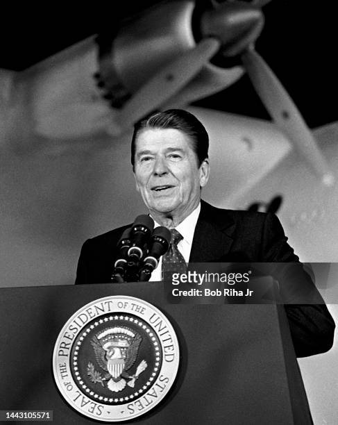 President Ronald Reagan speaks at a Republican fundraising event inside the Howard Hughes 'Spruce Goose' geodesic dome alongside the RMS Queen Mary,...