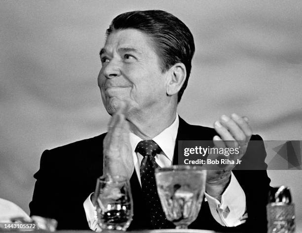 President Ronald Reagan speaks at a Republican fundraising event inside the Howard Hughes 'Spruce Goose' geodesic dome alongside the RMS Queen Mary,...