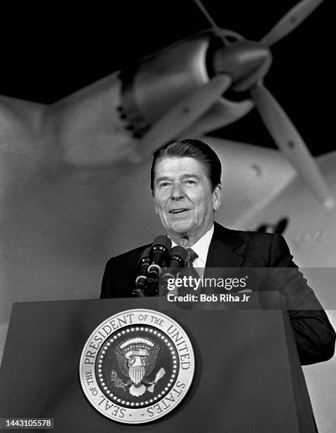 President Ronald Reagan speaks at a Republican fundraising event inside the Howard Hughes 'Spruce Goose' geodesic dome alongside the RMS Queen Mary,...