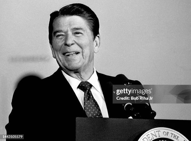 President Ronald Reagan speaks at a Republican fundraising event inside the Howard Hughes 'Spruce Goose' geodesic dome alongside the RMS Queen Mary,...