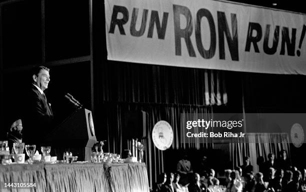 President Ronald Reagan speaks at a Republican fundraising event inside the Howard Hughes 'Spruce Goose' geodesic dome alongside the RMS Queen Mary,...