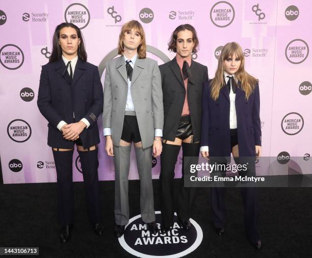 Ethan Torchio, Thomas Raggi, Damiano David, and Victoria De Angelis of Måneskin attendsthe 2022 American Music Awards at Microsoft Theater on...