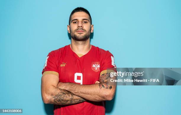 Aleksandar Mitrovic of Serbia poses during the official FIFA World Cup Qatar 2022 portrait session on November 20, 2022 in Doha, Qatar.