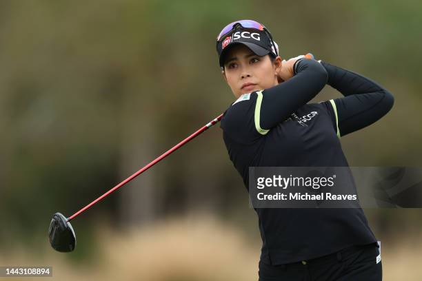 Moriya Jutanugarn of Thailand plays her shot from the third tee during the final round of the CME Group Tour Championship at Tiburon Golf Club on...