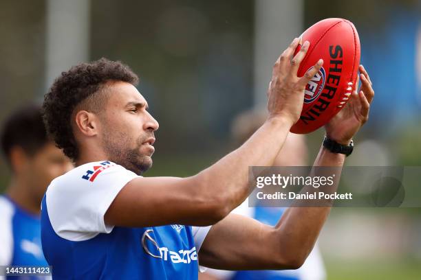 Aiden Bonar of the Kangaroos in action during a North Melbourne Kangaroos training session at Arden Street Oval on November 21, 2022 in Melbourne,...