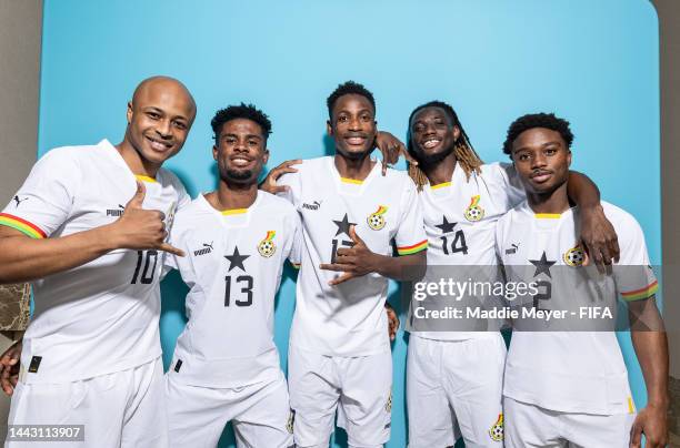 Andre Ayew, Daniel Afriyie, Abdul Rahman Baba, Gideon Mensah and Tariq Lamptey of Ghana pose during the official FIFA World Cup Qatar 2022 portrait...