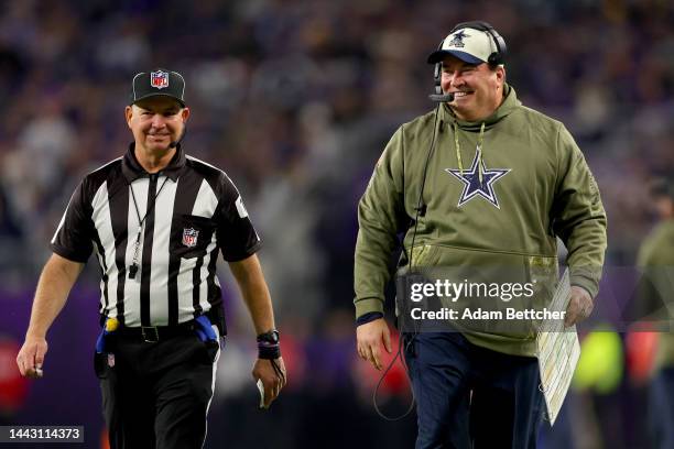 Ead coach Mike McCarthy of the Dallas Cowboys looks on during the second half against the Minnesota Vikings at U.S. Bank Stadium on November 20, 2022...
