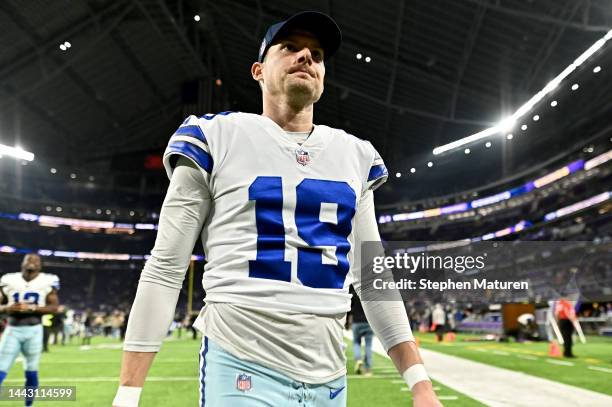 Brett Maher of the Dallas Cowboys walks off the field after defeating the Minnesota Vikings at U.S. Bank Stadium on November 20, 2022 in Minneapolis,...