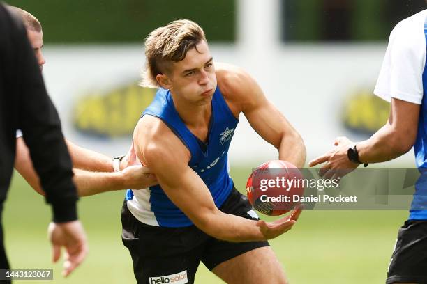 Will Phillips of the Kangaroos in action during a North Melbourne Kangaroos training session at Arden Street Oval on November 21, 2022 in Melbourne,...