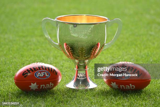 General view of the AFLW Premiership Cup during an AFLW media opportunity at Marvel Stadium on November 21, 2022 in Melbourne, Australia.