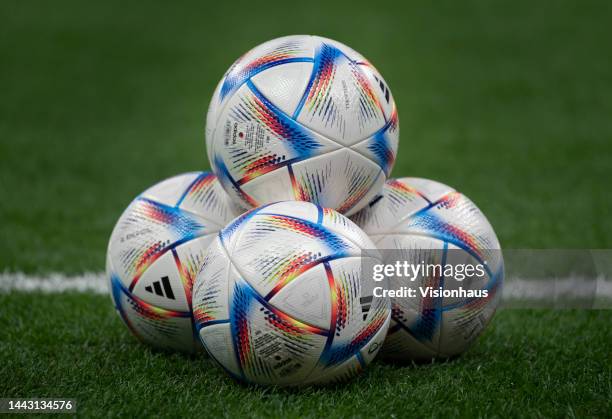 Official FIFA World Cup Qatar 2022 Adidas footballs stacked up ahead of the FIFA World Cup Qatar 2022 Group A match between Qatar and Ecuador at Al...