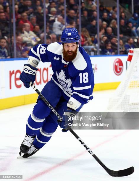 Jordie Benn of the Toronto Maple Leafs skates with the puck against the Buffalo Sabres at the Scotiabank Arena on November 19, 2022 in Toronto,...