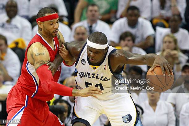 Zach Randolph of the Memphis Grizzlies drives against Kenyon Martin of the Los Angeles Clippers in Game Seven of the Western Conference Quarterfinals...