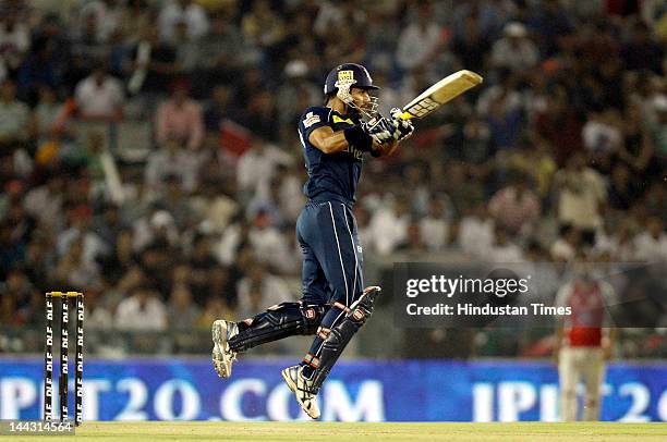 Deccan Chargers batsman Shikhar Dhawan plays a shot during the IPL T20 cricket match played between Kings XI Punjab and Deccan Chargers at PCA...
