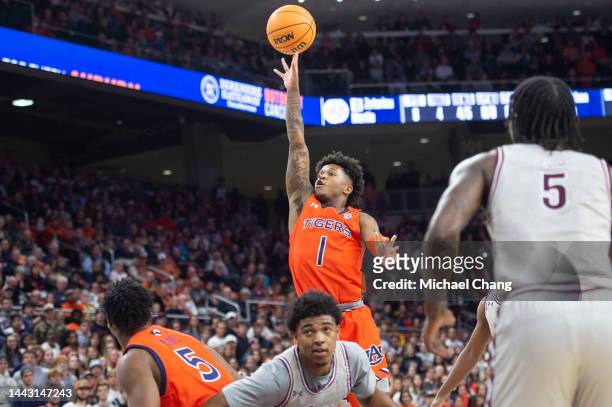 Wendell Green Jr. #1 of the Auburn Tigers takes a shot during their game against the Texas Southern Tigers at Neville Arena on November 18, 2022 in...