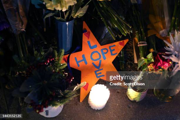 Message to visitors sits at a makeshift memorial near the Club Q nightclub on November 20, 2022 in Colorado Springs, Colorado. Yesterday, a...