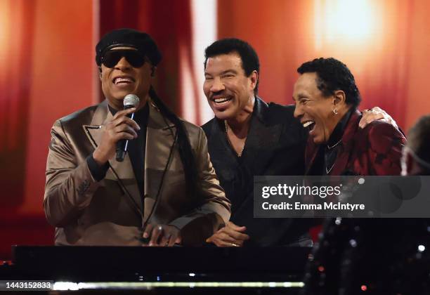 Stevie Wonder, Lionel Richie, and Smokey Robinson perform onstage during the 2022 American Music Awards at Microsoft Theater on November 20, 2022 in...