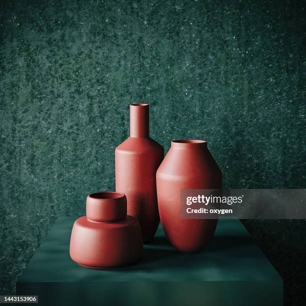 red bottles vases from clay on emerald green scratched wall abstract background. 3d rendering. vintage retro colored - bureau design imagens e fotografias de stock