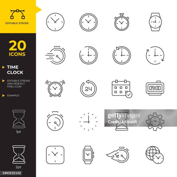 ilustraciones, imágenes clip art, dibujos animados e iconos de stock de reloj y hora - trazo editable y píxel perfecto. conjunto de vectores de iconos de línea fina - cronometro