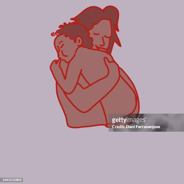 flat illustration of mother hugging her baby for mother's day. - 3d mom son stock pictures, royalty-free photos & images