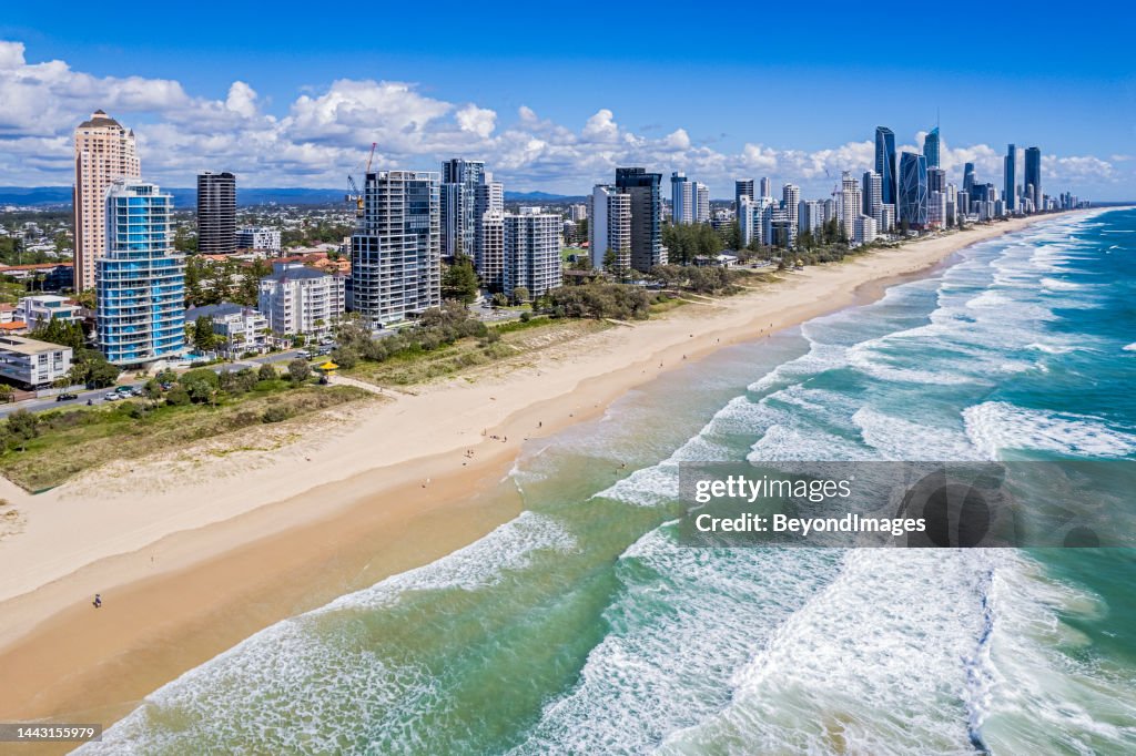 Aerial View Broadbeach towers looking north to SurfersParadise, Australia's Gold Coast