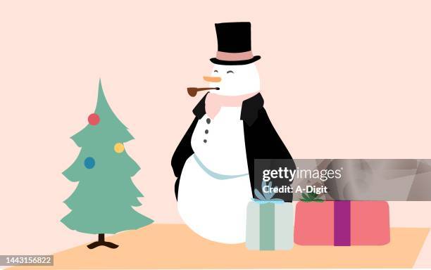 fancy snowman peach - decorating christmas tree stock illustrations
