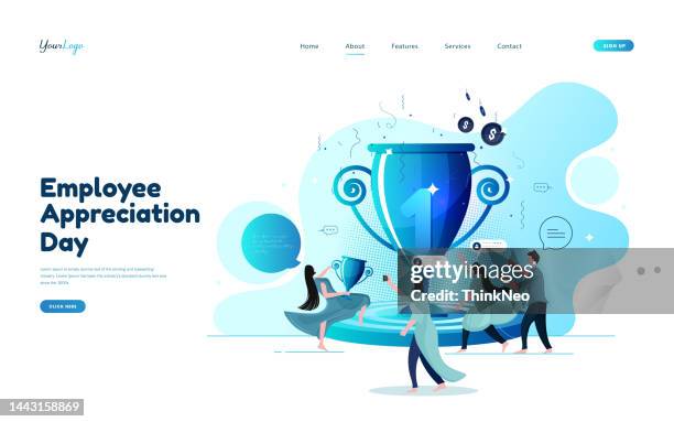 team of happy employees winning award - employee trophy stock illustrations