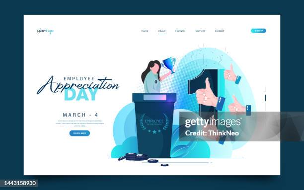 stockillustraties, clipart, cartoons en iconen met happy business employee team winners award ceremony flat style design - trophy flat