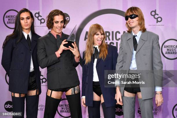 Ethan Torchio, Damiano David, Victoria De Angelis and Thomas Raggi of Måneskin, winners of the Favorite Rock Song award for "Beggin," pose in the...