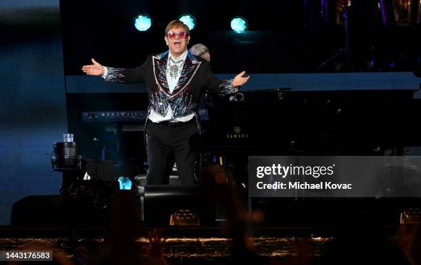 Elton John performs at Dodger Stadium on November 20, 2022 in Los Angeles, California.