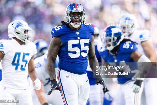 Jihad Ward of the New York Giants reacts during the second quarter against the Detroit Lions at MetLife Stadium on November 20, 2022 in East...
