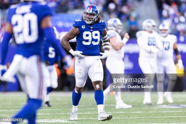 Leonard Williams of the New York Giants looks on during the fourth quarter of the game against the Detroit Lions at MetLife Stadium on November 20,...