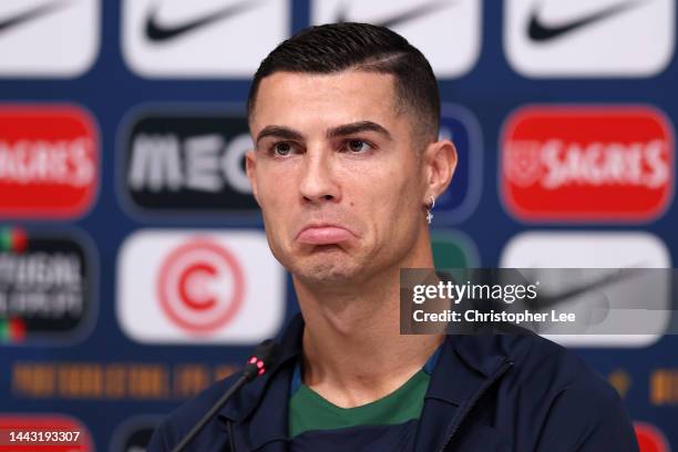 Cristiano Ronaldo of Portugal reacts during the Portugal Press Conference on November 21, 2022 in Doha, Qatar.