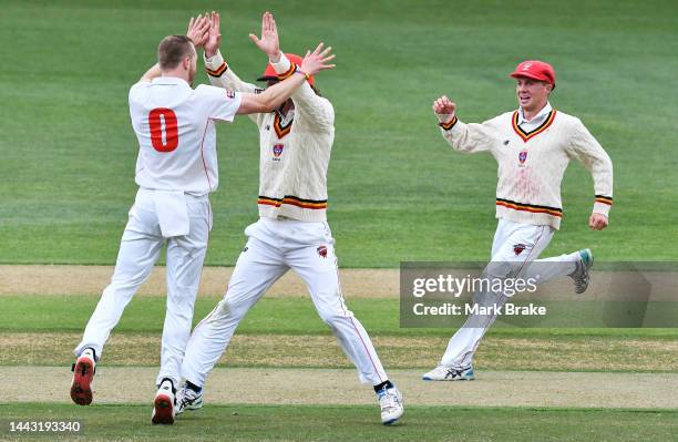 Nathan McAndrew of the Redbacks celebrates the wicket of Sam Truloff of the Queensland Bulls with catcher Thomas Kelly of the Redbacks and Nathan...