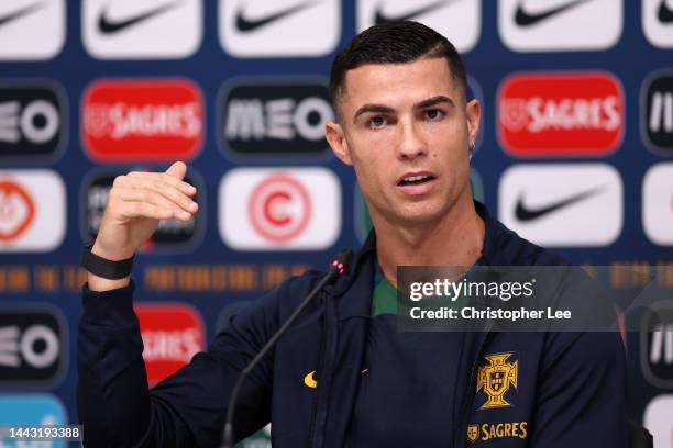 Cristiano Ronaldo of Portugal reacts during the Portugal Press Conference on November 21, 2022 in Doha, Qatar.