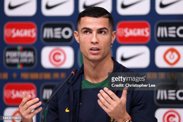 Cristiano Ronaldo of Portugal reacts during the Portugal Press Conference on November 21, 2022 in Doha, Qatar.