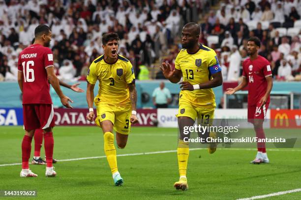 Enner Valencia of Ecuador celebrates a goal that is later ruled out by VAR during the FIFA World Cup Qatar 2022 Group A match between Qatar and...