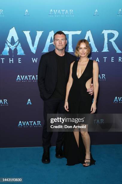 Sam Worthington and Lara Bingle attend "Avatar: The Way Of The Water" at Hoyts Entertainment Quarter on November 21, 2022 in Sydney, Australia.