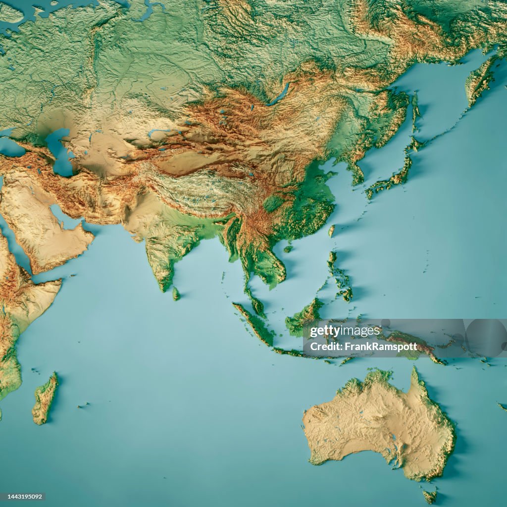 Asien Australien Topografische Karte 3D-Renderfarbe