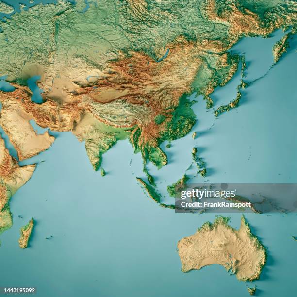 asien australien topografische karte 3d-renderfarbe - pazifik karte stock-fotos und bilder