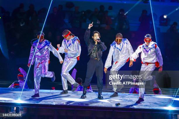 Member Jean Jung-Kook performing on stage during the Opening event of the FIFA Football World Cup 2022, Show and entertainment event before the start...
