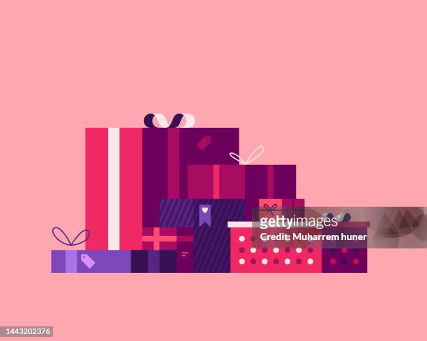 colorful vector illustration of stacked gift boxes. surprise and gift giving concept. - pile of gifts stock illustrations