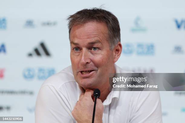 Kasper Hjulmand, Head Coach of Denmark, speaks during the Denmark match day -1 Press Conference at Main Media Center on November 21, 2022 in Doha,...