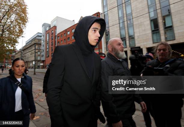 Manchester United footballer, Mason Greenwood arrives for the first day of his trial at Manchester's Minshull Street Crown Court on November 21, 2022...