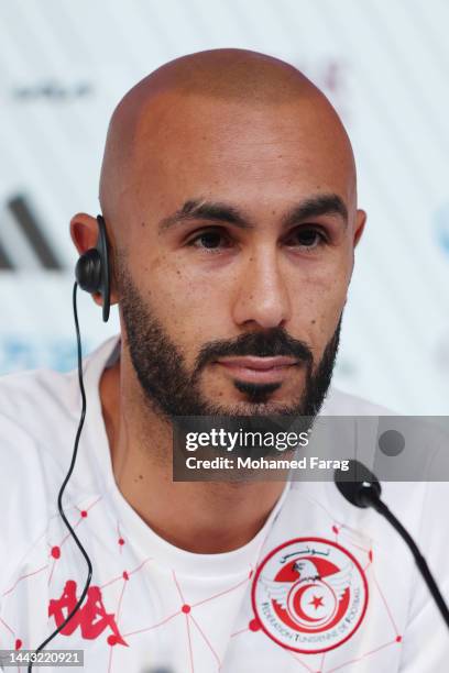 Issam Jebali of Tunisia speaks during the Tunisia Press Conference at Main Media Center on November 21, 2022 in Doha, Qatar.