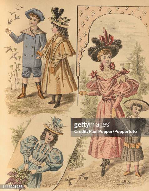 Colour plate from Journal Des Demoiselles showing a group of children wearing smart dresses and coats, two older girls wear pale blue and pink satin...