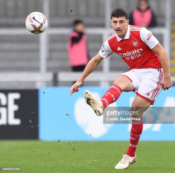 Maldini Kacurri of Arsenal during the Premier League Cup match between Arsenal U21 and Stoke City U21 at Meadow Park on November 19, 2022 in...