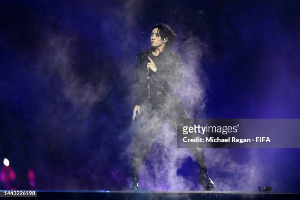 Jung Kook of BTS performs during the opening ceremony prior to the FIFA World Cup Qatar 2022 Group A match between Qatar and Ecuador at Al Bayt...