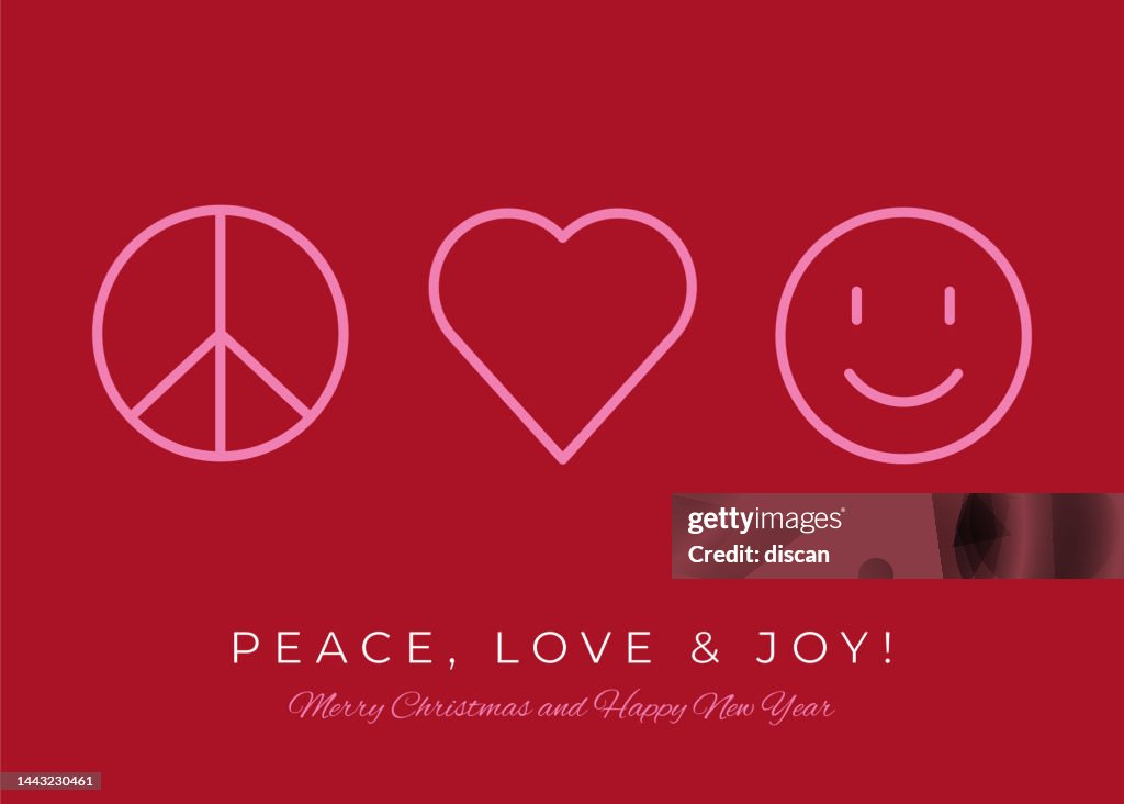 Happy Holiday Designvorlage mit Symbolen für Frieden, Liebe und Freude.